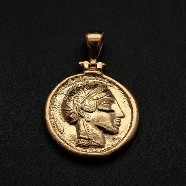 Greek Gold Coin Necklace with Goddess Athena, Ancient Greece Coin Men's Pendant, Statement Necklace, Unisex Coin Jewelry