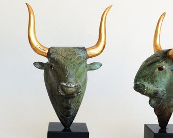 Greek Minoan Bull Statue, Bullhead Bronze Sculpture, Greek Mythology, Minoan Crete Minotaur, Taurus Zodiac Constellation