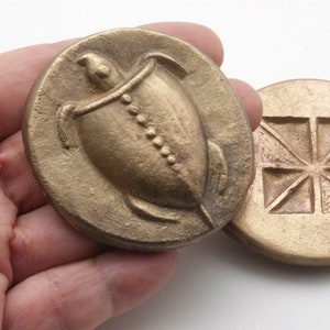 Ancient Greek Drachma Coin Bronze Paperweight, Aegina Island Sea Turtle Coin 530 BC. Museum Replica, Desk Top Decor, Office Accessory image 1