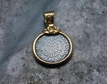 Minoan Phaistos Disc Pendant, Men/Women Sterling Silver and Gold Greek Necklace, Ancient Cretan Mystery, Museum Replica, Greek Jewelry