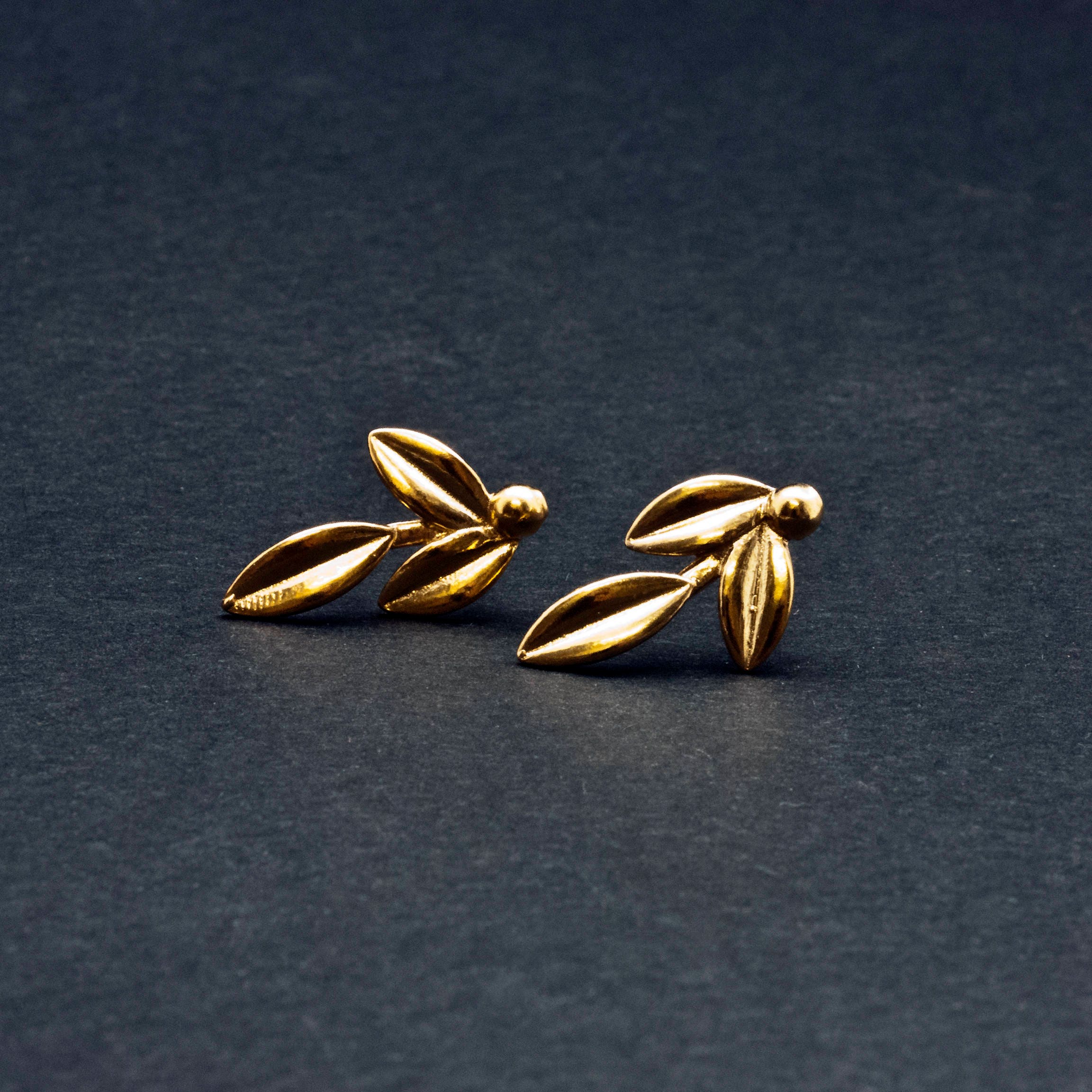 Gold Olive Leaves Small Stud Earrings, Greek Goddess Athena Jewelry