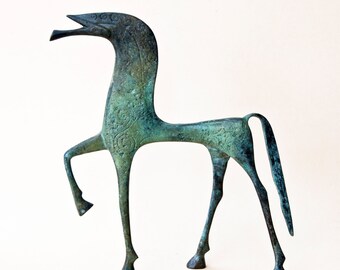 古代ギリシャの馬のブロンズ像、幾何学模様の金属芸術彫刻、博物館品質