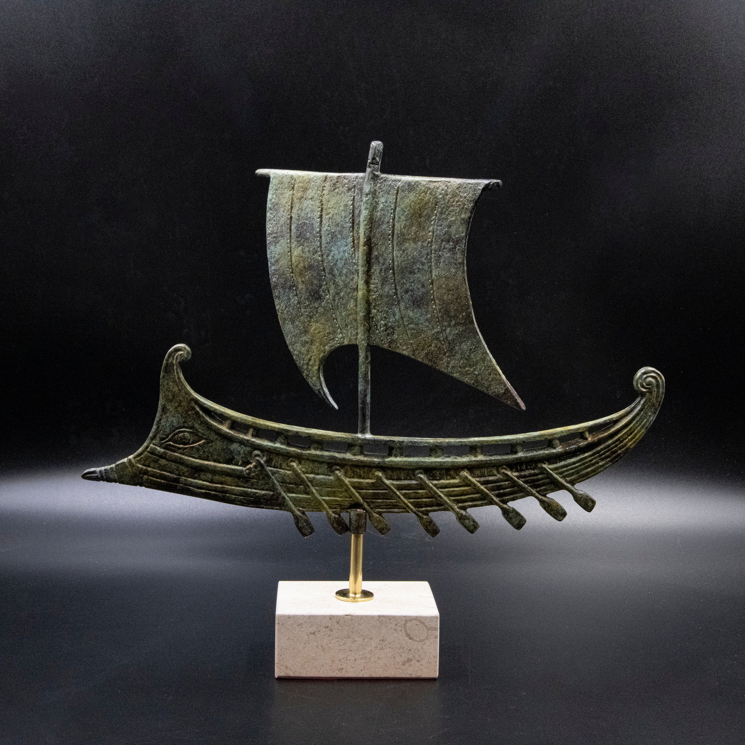 Ancient Greece Bronze Ship with Oars and Sail, Metal Warship Statue