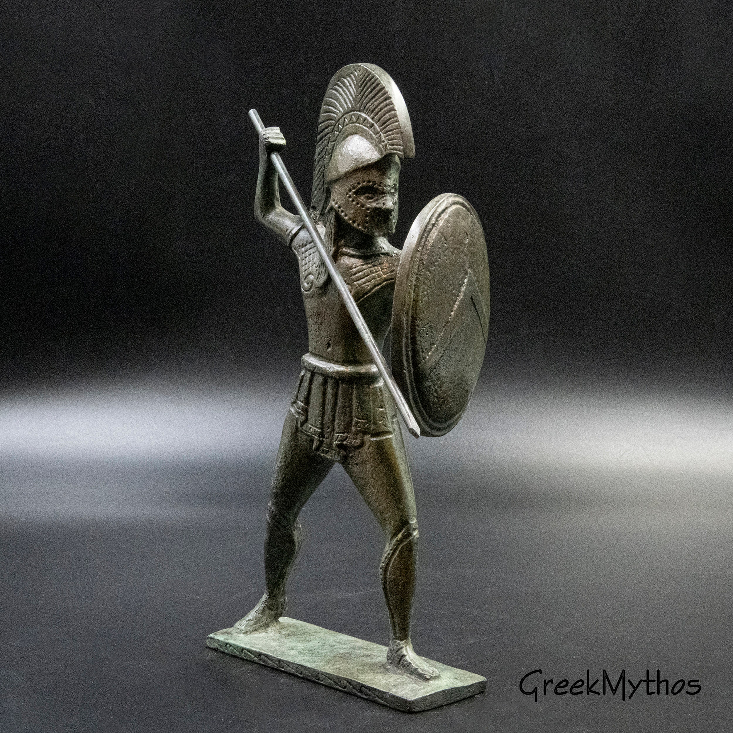 Ancient Spartan Greek Warrior Bronze Statue Armed with Helmet Shield