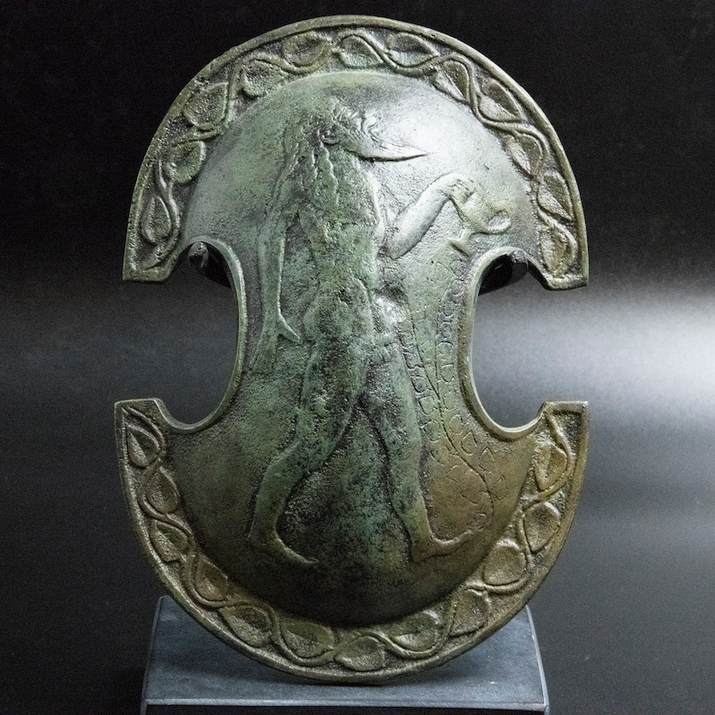Ancient Greek Bronze Shield with Satyr and Vine Leaves Symbol of God of Wine Dionysos Museum Replica Metal Art Sculpture
