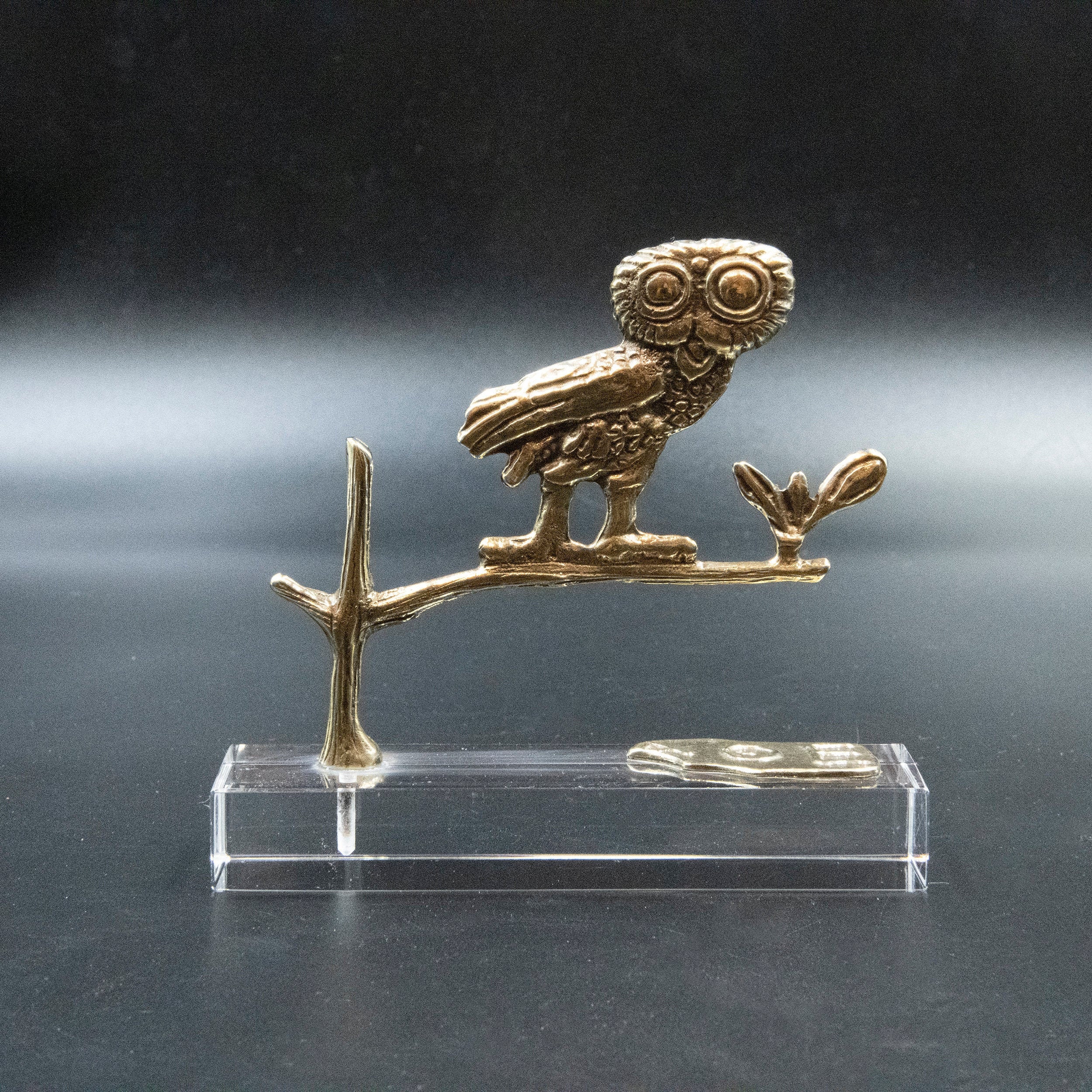 Owl on Οlive Βranch Bronze Statue, Ancient Greek Goddess Athena Symbol