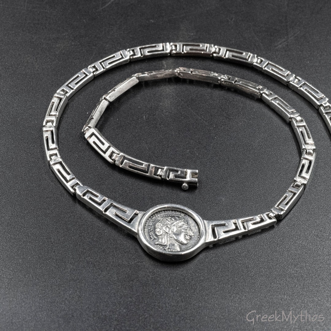 Greek Key Sterling Silver Coin Necklace With Goddess Athena - Etsy