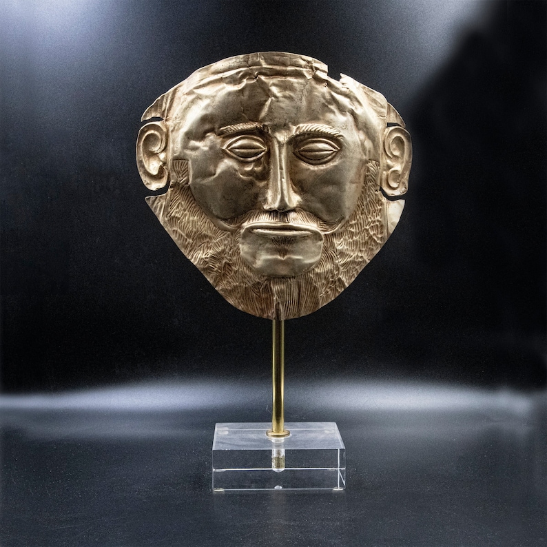 Large Ancient Greek Mycenean Mask of Agamemnon, Copper 24K Gold Plated Relief, Trojan War Mycenaean Legendary King Mask, Museum Quality Art image 1