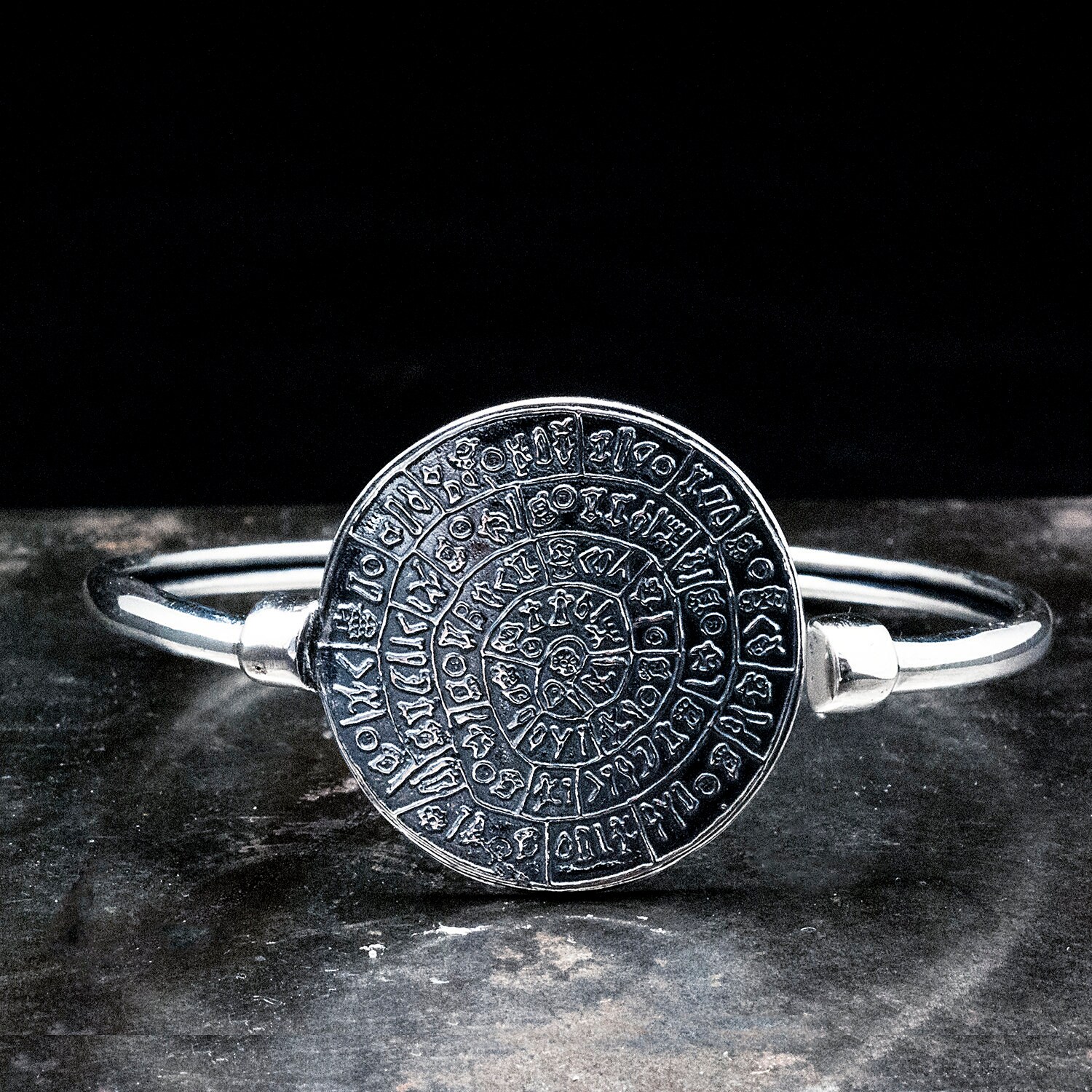 Greek Minoan Phaistos Disc Sterling Silver Cuff Bracelet, Wearable Art