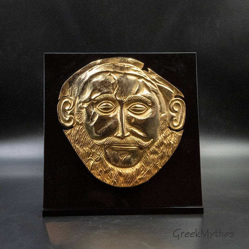 Ancient Greek Mycenean Mask of Agamemnon, Copper 24K Gold Plated Relief, Trojan War Mycenaean Legendary King Mask, Museum Quality Art image 1