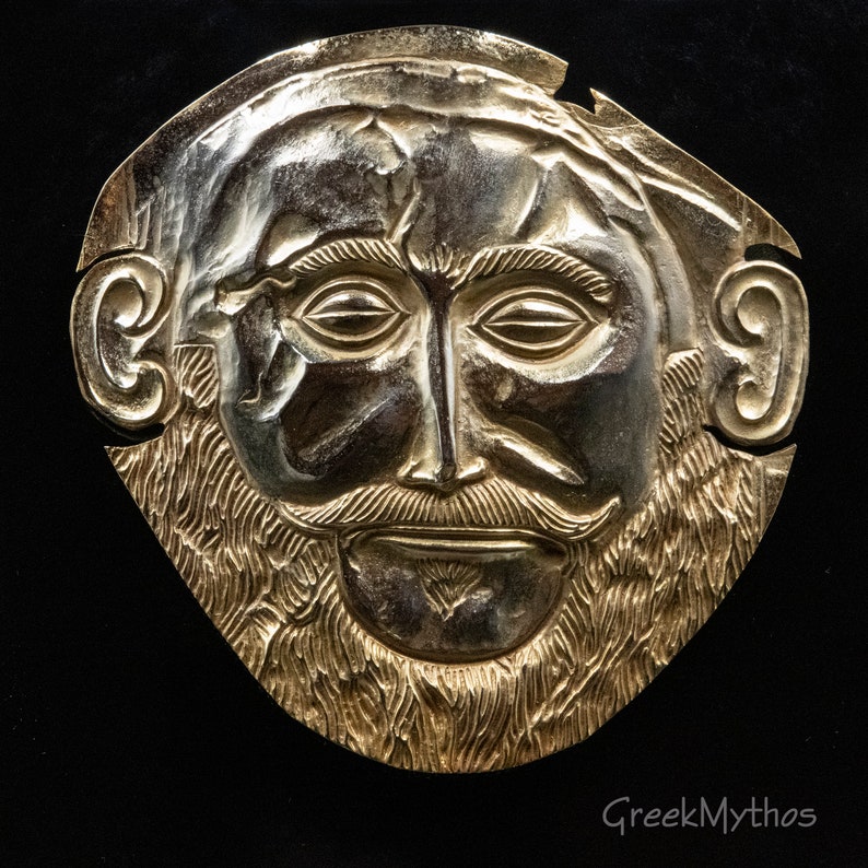 Ancient Greek Mycenean Mask of Agamemnon, Copper 24K Gold Plated Relief, Trojan War Mycenaean Legendary King Mask, Museum Quality Art image 3