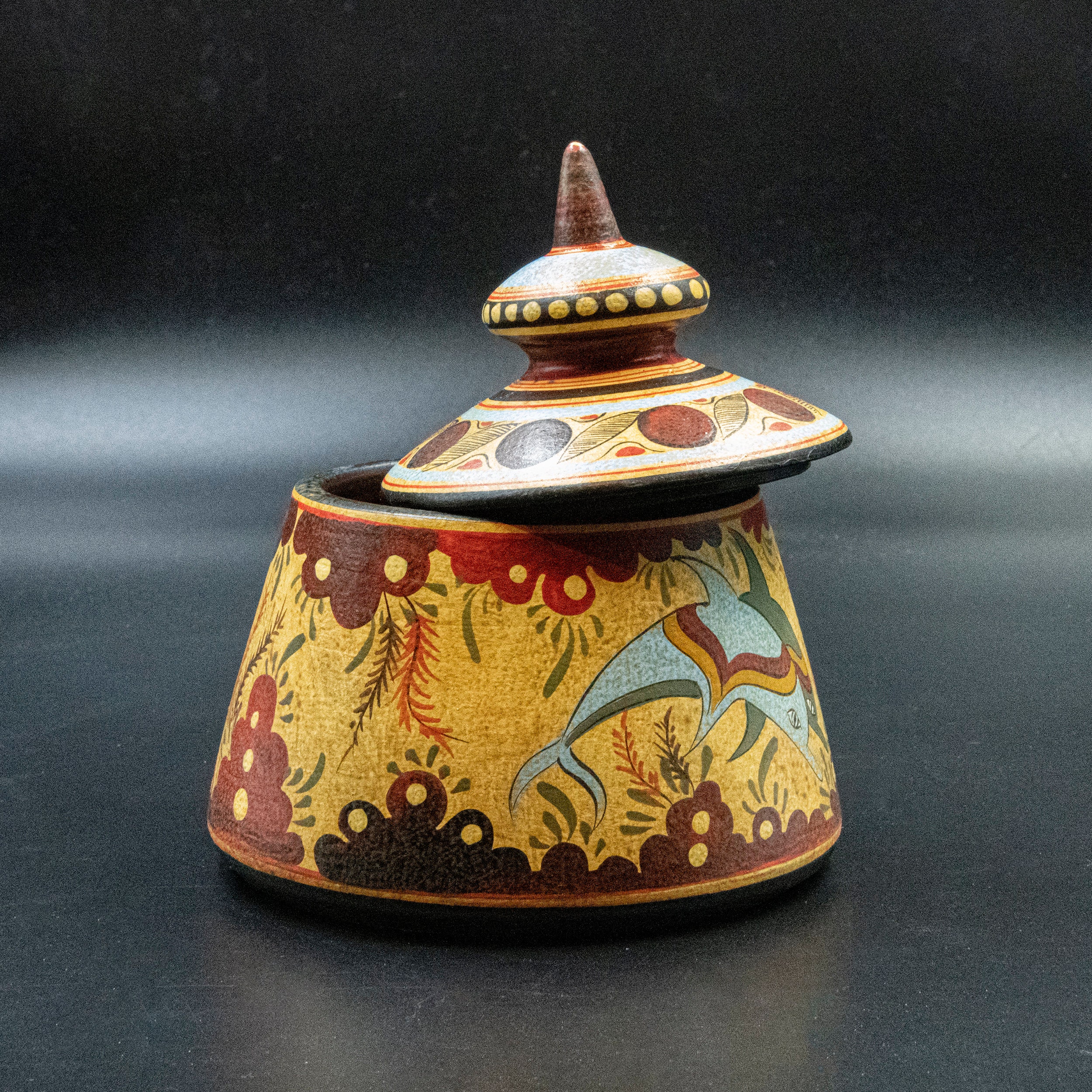 Greek Minoan Terracotta Box, Container with Lid and Handpainted