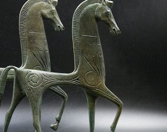 ギリシャブロンズ製大型馬、幾何学模様の金属アート像、ブロンズ彫刻