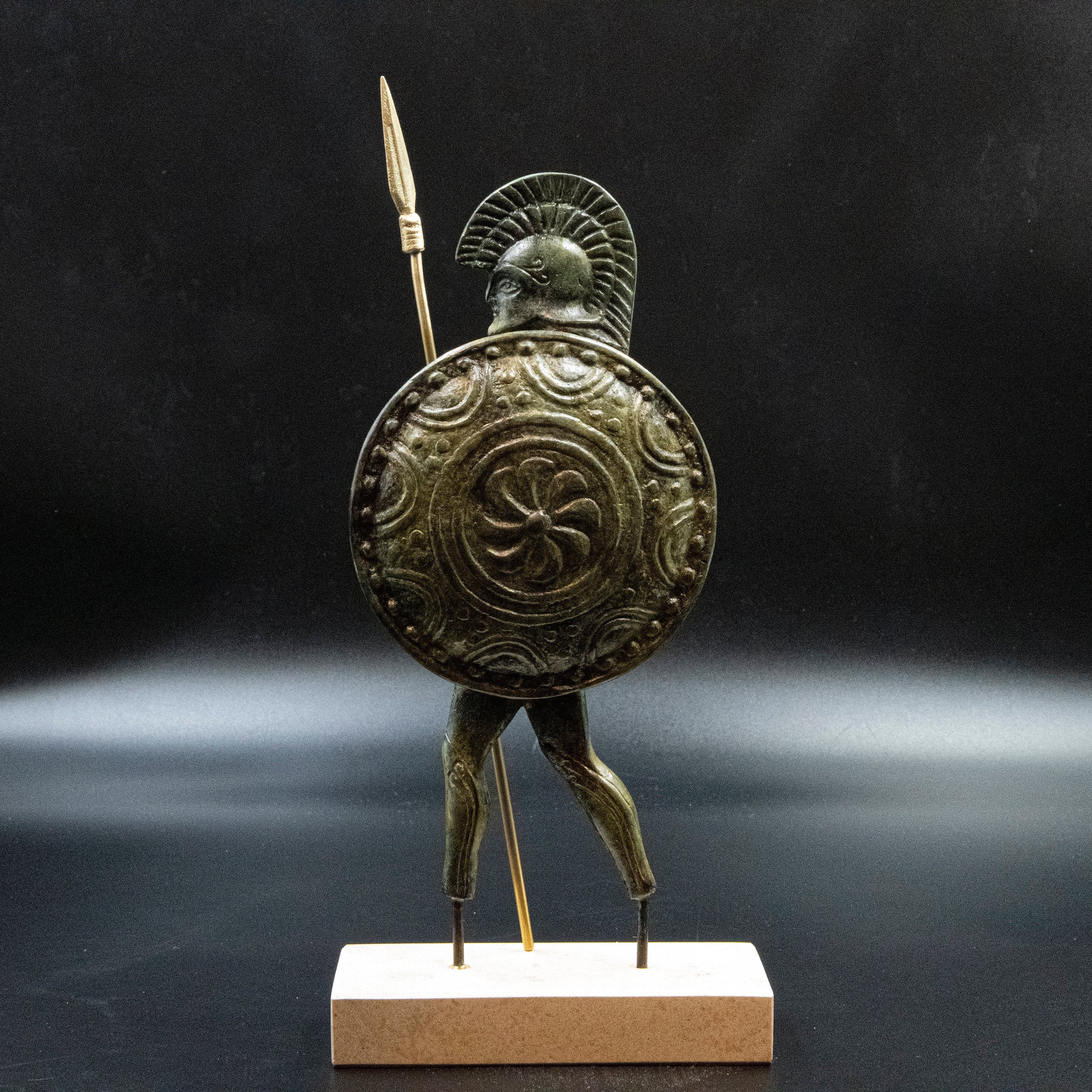 Ancient Greek Spartan Warrior Statue Armed with Helmet Shield and Spear