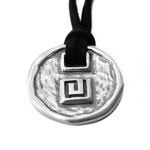 Sterling Silver Pendant with Greek Key on Black Leather Necklace, Ancient Greece Infinity Symbol Statement Necklace, Greek Jewelry image 2