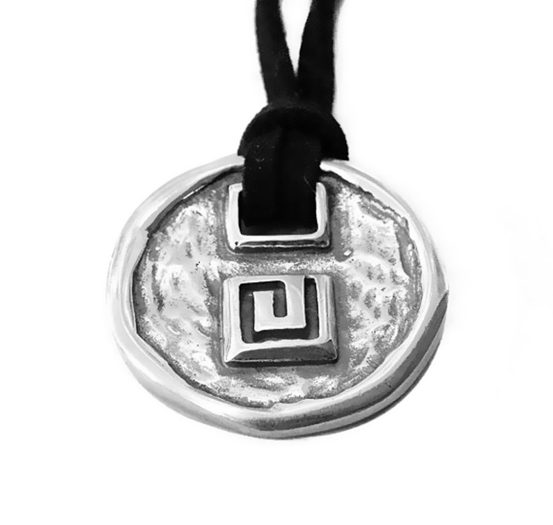 Sterling Silver Pendant with Greek Key on Black Leather Necklace, Ancient Greece Infinity Symbol Statement Necklace, Greek Jewelry image 2