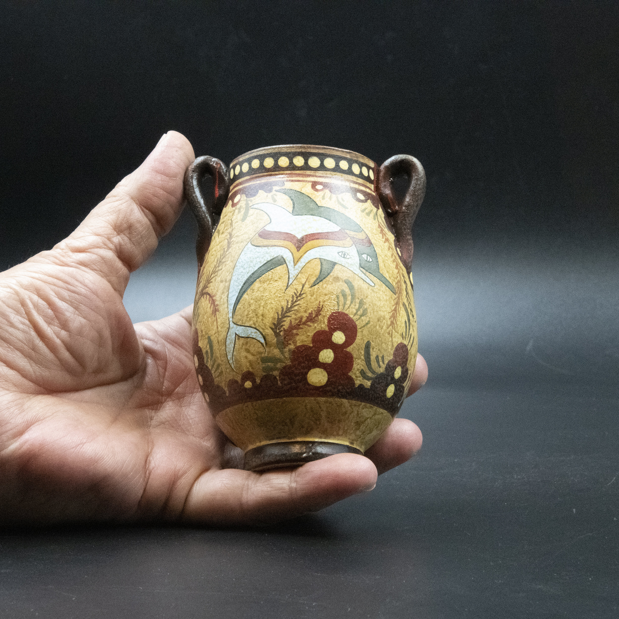 Greek Minoan Terracotta Vase, TwoHandled Vessel with Handpainted