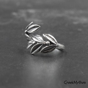 Sterling Silver Olive Leaves Large Ring, Twisted Olive Twig Elegant Ring, Adjustable Handmade Ring, Goddess Athena Symbol Greek Jewelry image 3