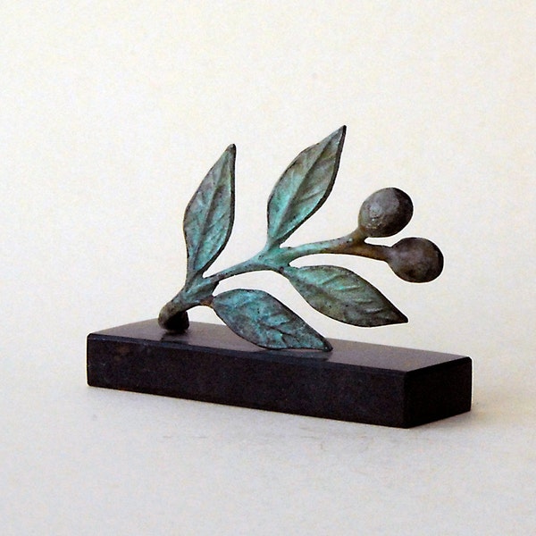 Olive Tree Branch Bronze Small Sculpture, Ancient Greece Goddess Athena Symbol, Olive Springs Metal Art Sculpture, Home Decor