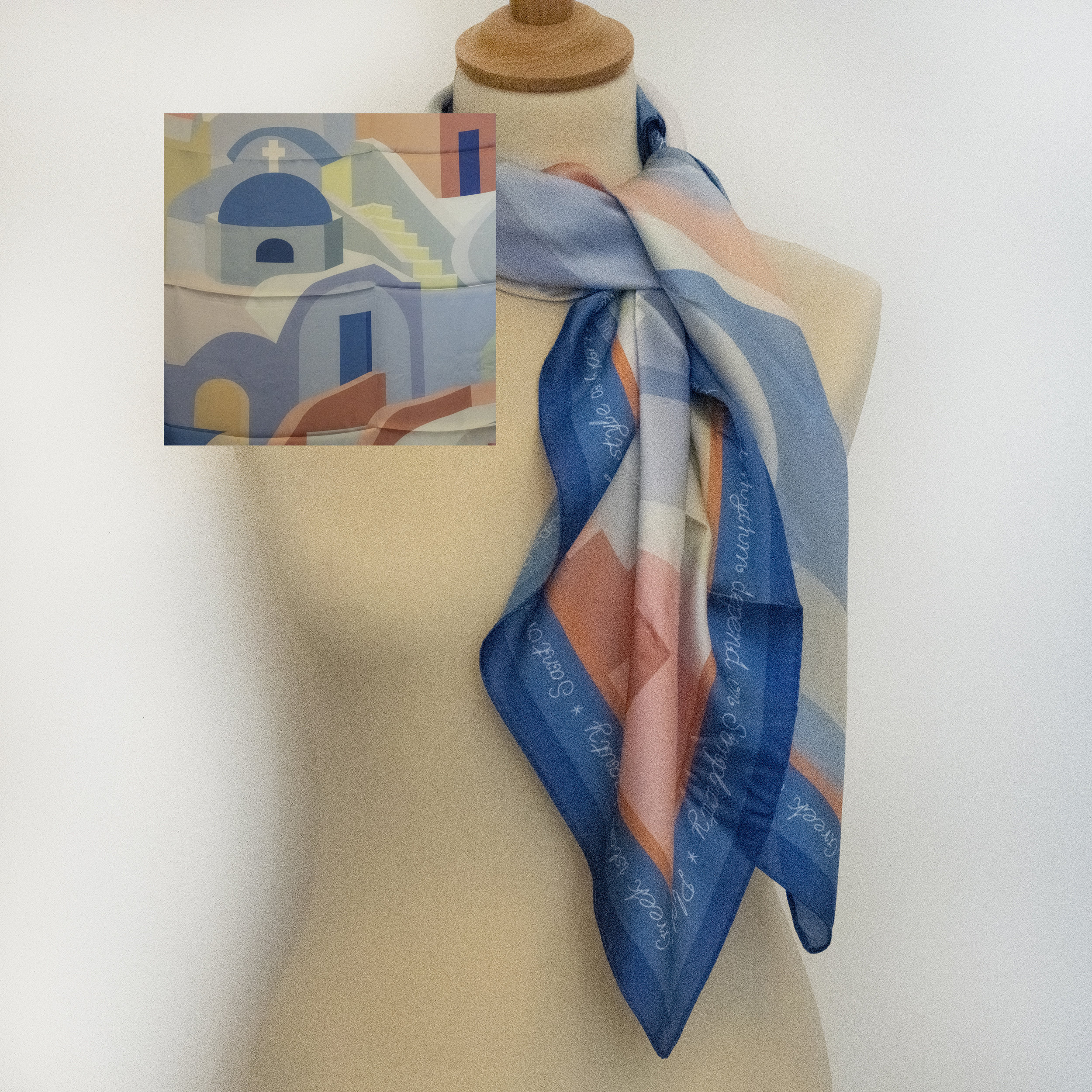 Santorini Island Silky Large Square Scarf, Greek Cycladic Architectural