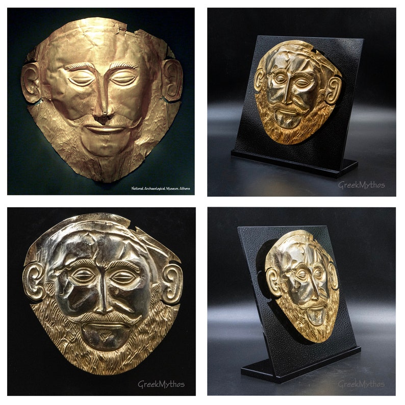 Ancient Greek Mycenean Mask of Agamemnon, Copper 24K Gold Plated Relief, Trojan War Mycenaean Legendary King Mask, Museum Quality Art image 7