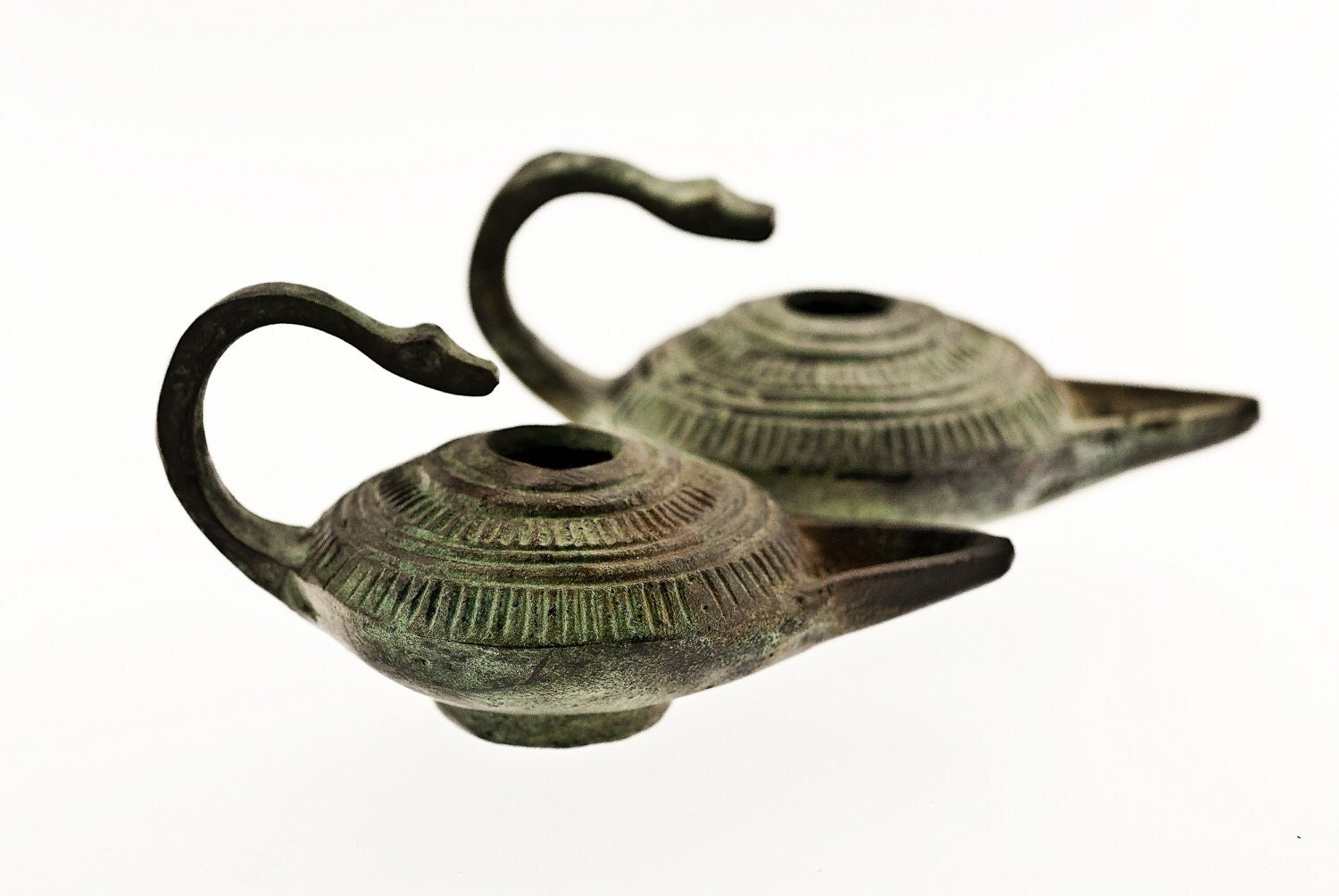 Ancient Greek Miniature Oil Lamp, Bronze Oil Lamp with Serpent Handle