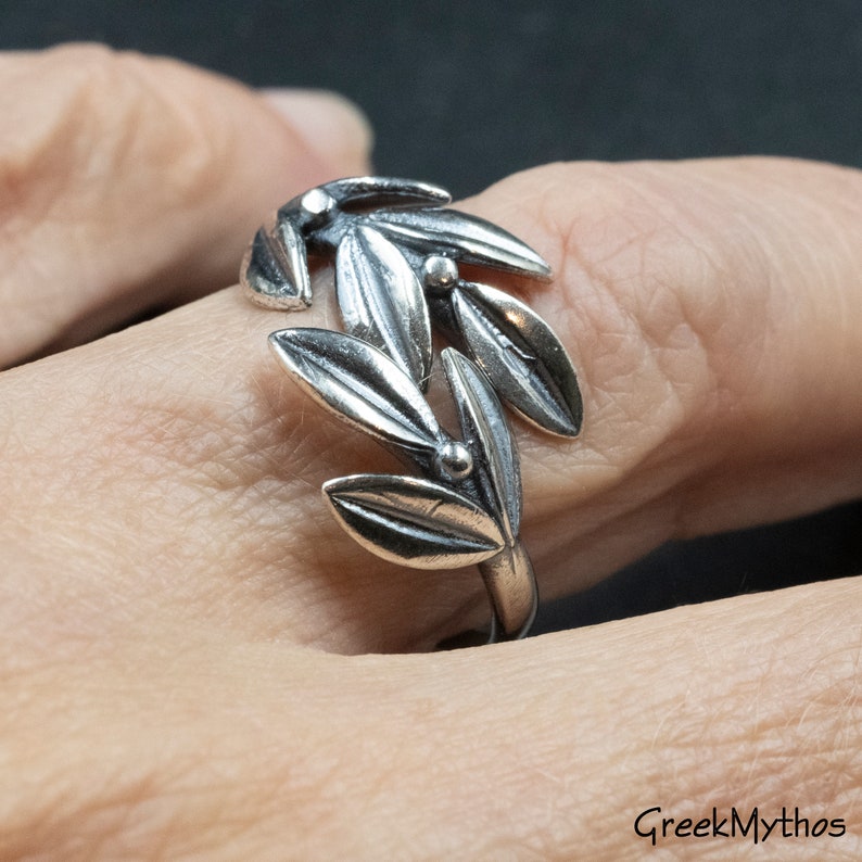 Sterling Silver Olive Leaves Large Ring, Twisted Olive Twig Elegant Ring, Adjustable Handmade Ring, Goddess Athena Symbol Greek Jewelry image 4
