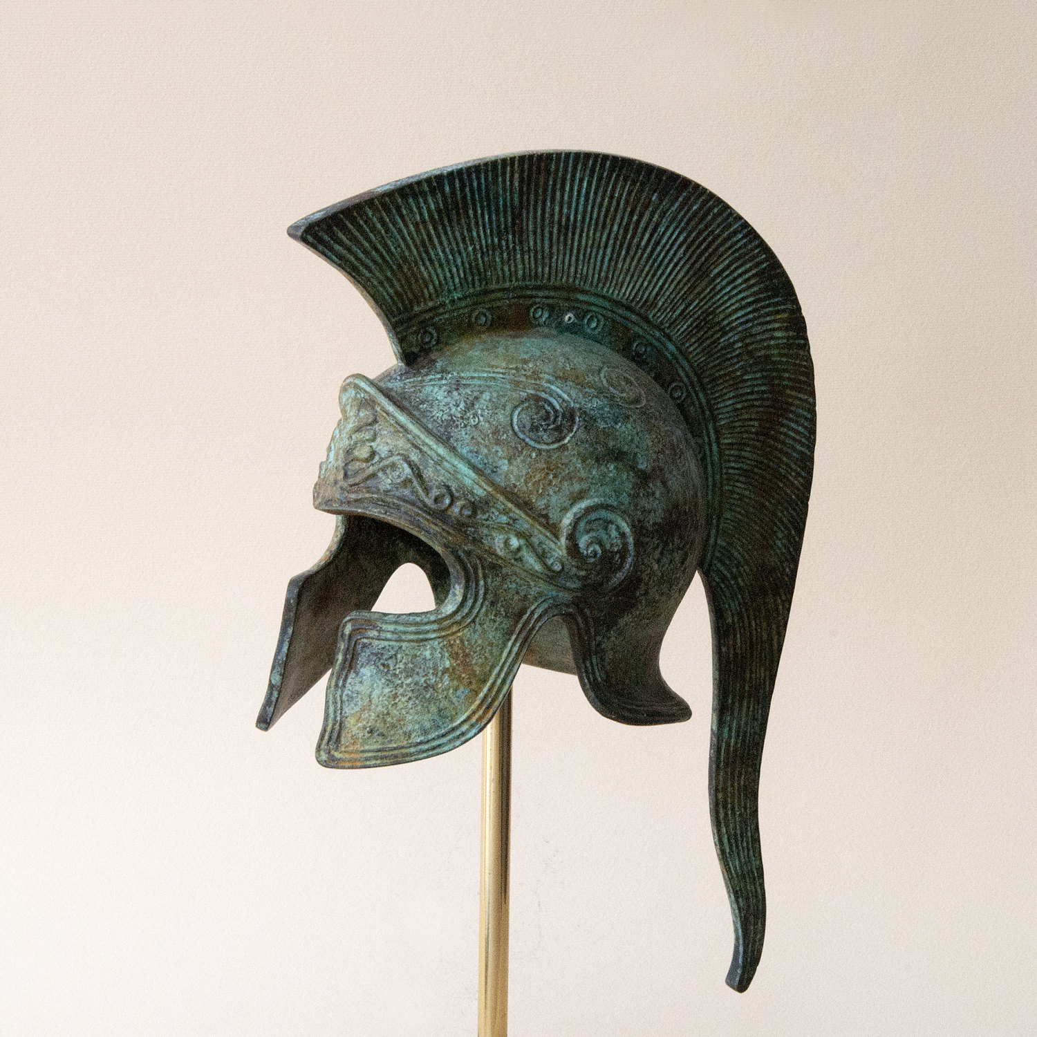 Meandros Crested Helmet Ancient Greek Bronze Corinthian Helmet Greek Key Sculpture Greek Museum Reproduction Handmade Artifact Verdigris
