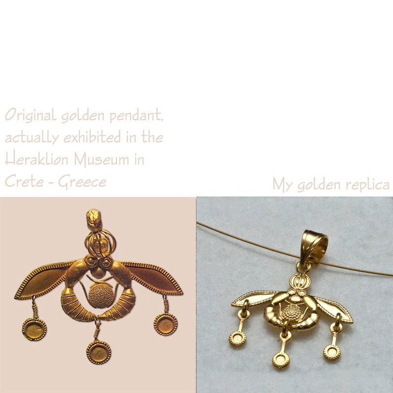 Ancient Minoan Gold Bees Pendant, Crete Bees Museum Replica Necklace, Sterling Silver 24k Gold Plated Greek Jewelry, Wearable Art image 2