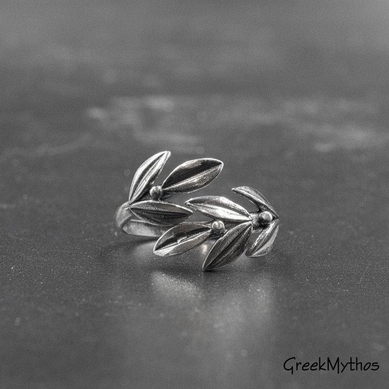 Sterling Silver Olive Leaves Large Ring, Twisted Olive Twig Elegant Ring, Adjustable Handmade Ring, Goddess Athena Symbol Greek Jewelry image 1