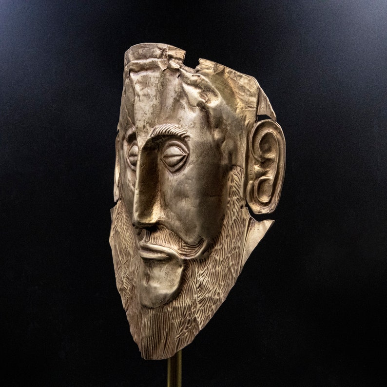 Large Ancient Greek Mycenean Mask of Agamemnon, Copper 24K Gold Plated Relief, Trojan War Mycenaean Legendary King Mask, Museum Quality Art image 3