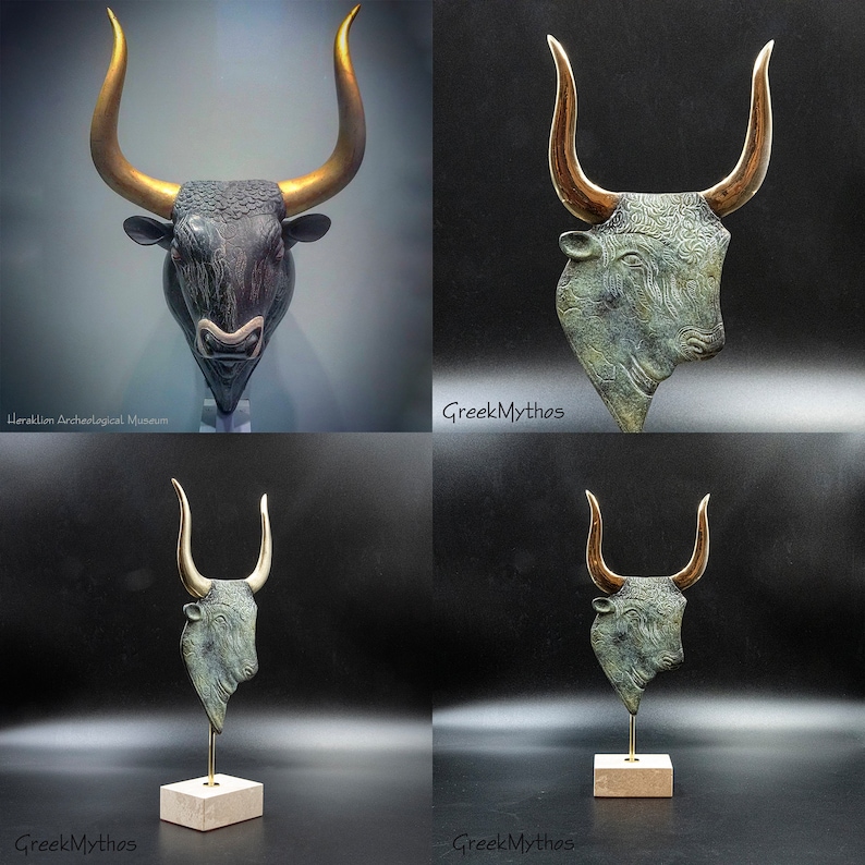 May include: A bronze sculpture of a bull's head with gold horns. The sculpture is on a wooden base and is displayed against a black background. The sculpture is a replica of a Minoan artifact from the Heraklion Archaeological Museum.