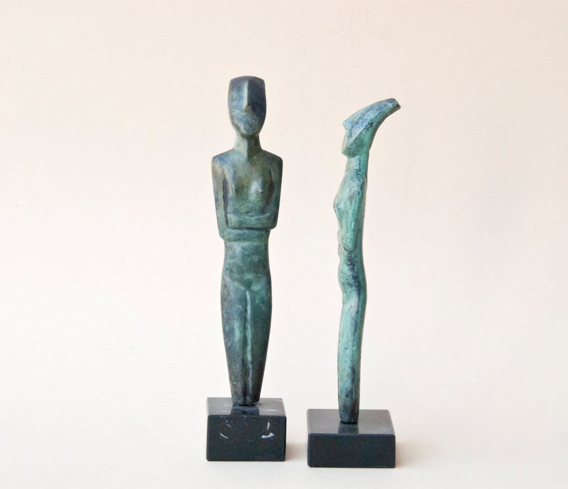 Greek Cycladic Figurine Statue, Bronze Metal Art Sculpture, Minimalist