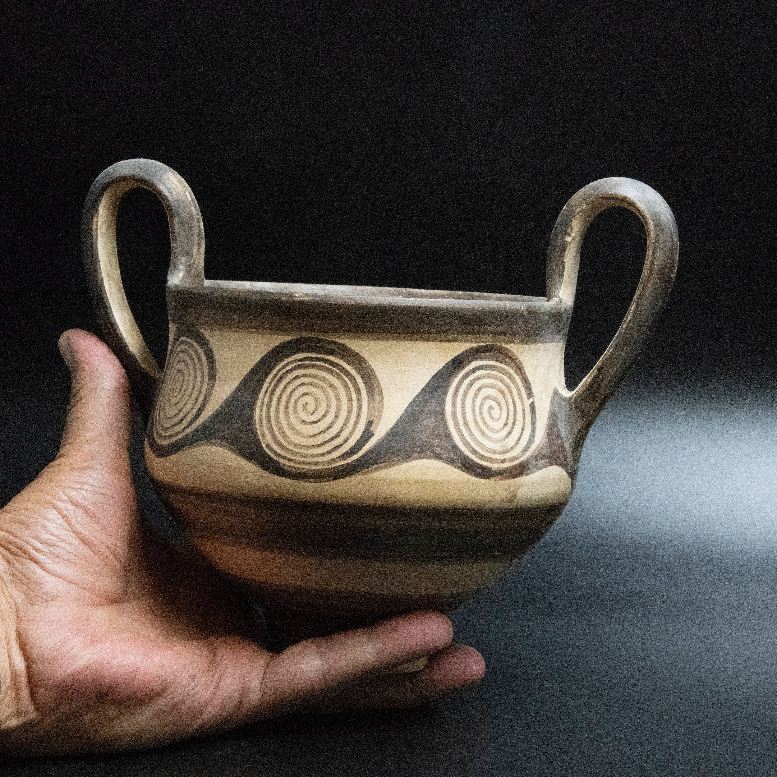 Greek Minoan Terracotta Pot, TwoHandled Cup with Handpainted Spiral