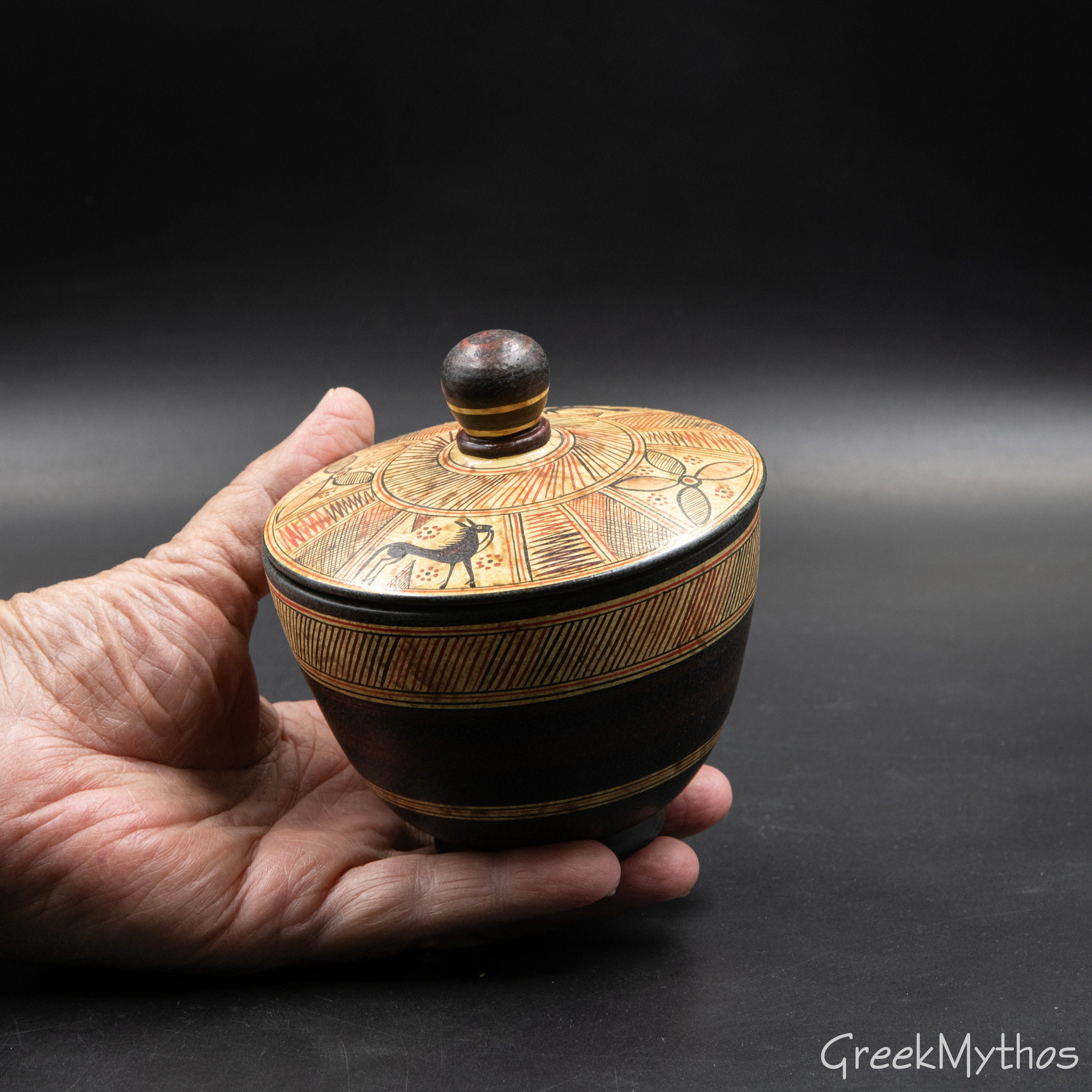 Ancient Greek HandPainted Vase with Lid, Greek Terracotta Container