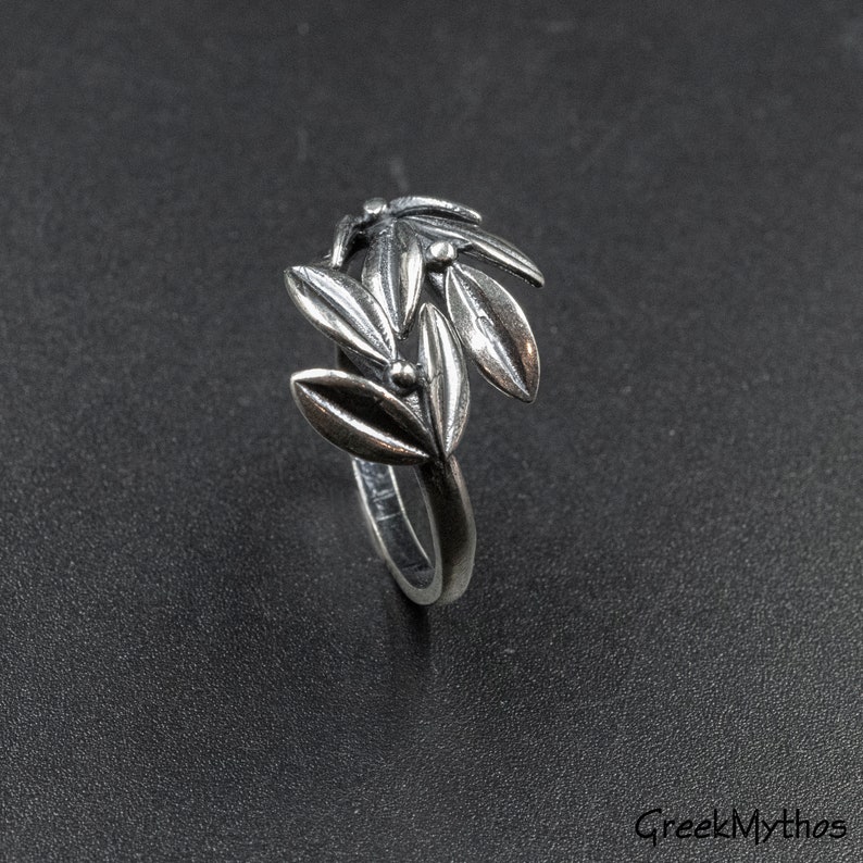 Sterling Silver Olive Leaves Large Ring, Twisted Olive Twig Elegant Ring, Adjustable Handmade Ring, Goddess Athena Symbol Greek Jewelry image 2