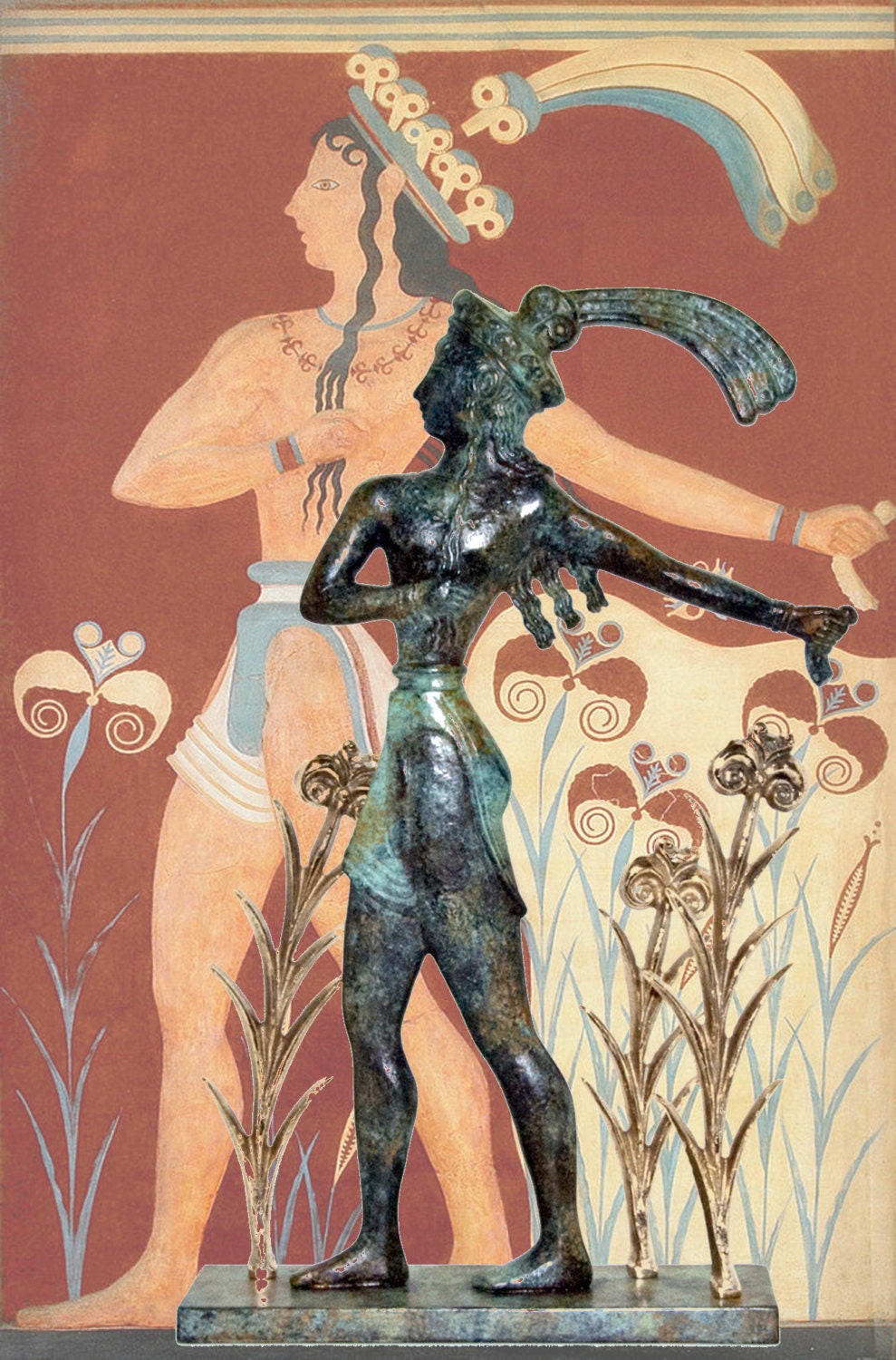 Minoan Prince of Lilies Bronze Statue Sculpture, Knossos Minoan Fresco