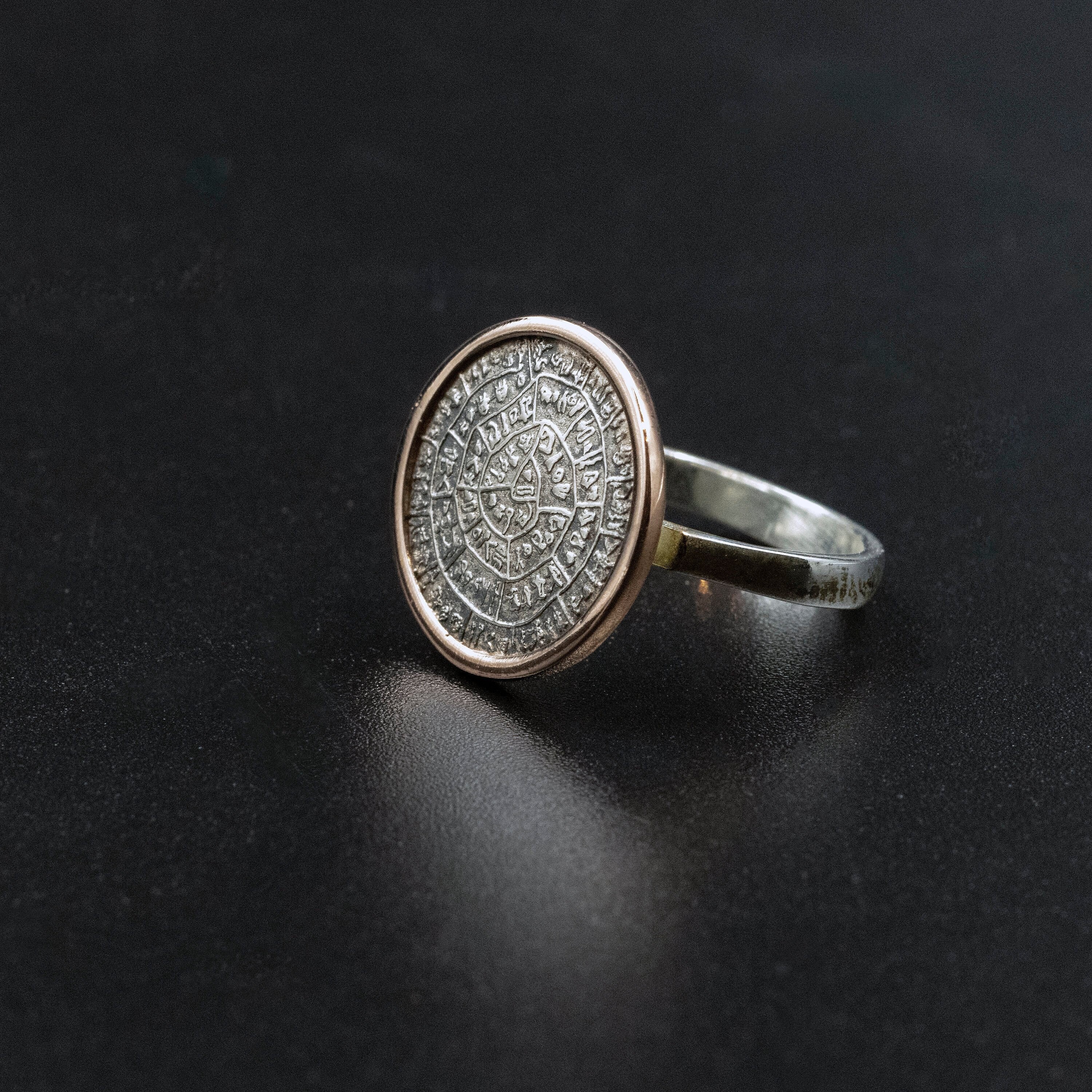 Ancient Minoan Phaistos Disc Ring, Sterling Silver and Gold Statement