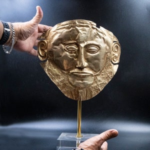 Large Ancient Greek Mycenean Mask of Agamemnon, Copper 24K Gold Plated Relief, Trojan War Mycenaean Legendary King Mask, Museum Quality Art image 5