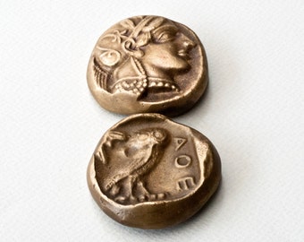 Ancient Greek Coin Small Paperweight with Goddess of Wisdom Athena and Owl, Office Accessory, Museum Replica of Tetradrachm of Athens