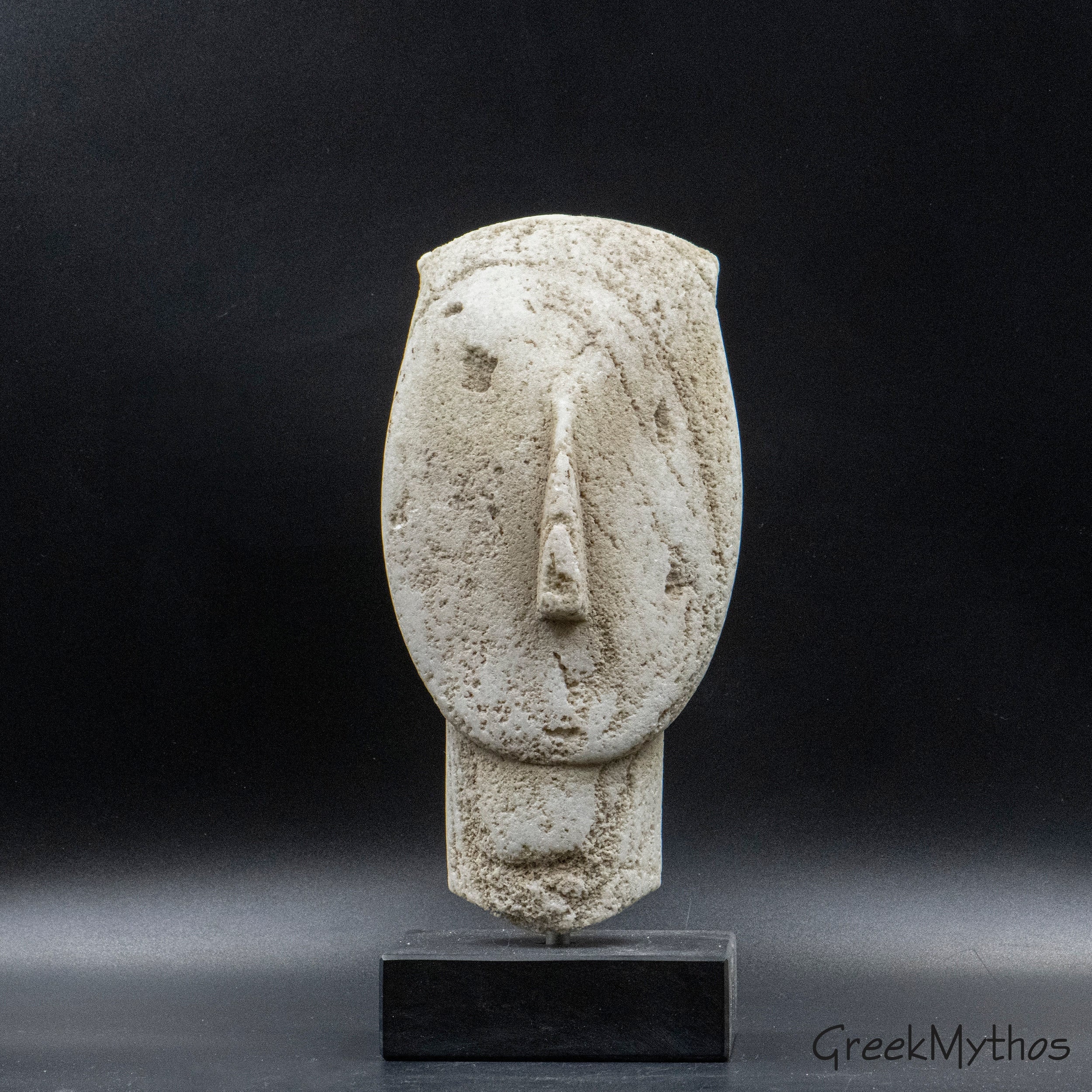 Greek Cycladic Figurine Head Statue Handsculpted on White Aged Marble