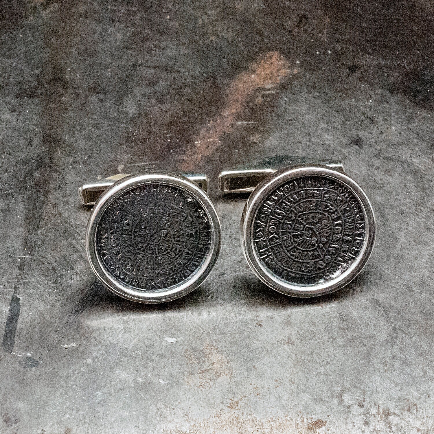 Minoan Phaistos Disc Sterling Silver Cuff Links, Greek Men's Cuff Links