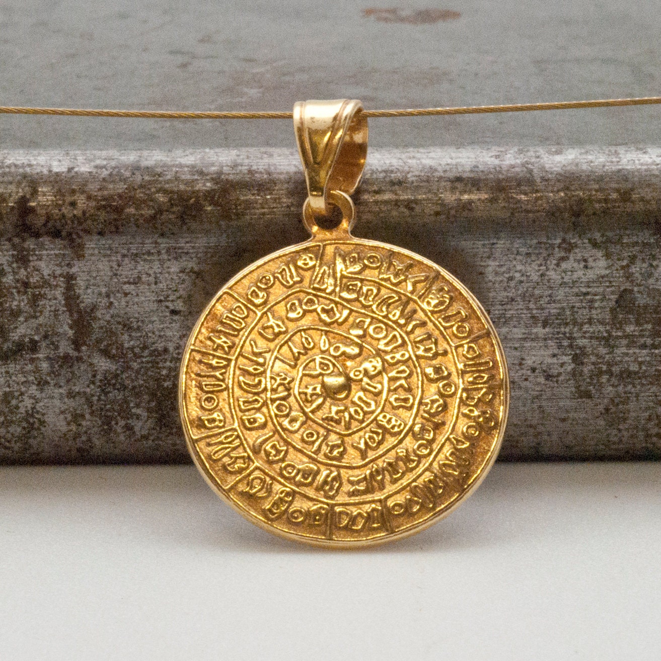 Ancient Greek Minoan Phaistos Disc Sterling Silver 24K Gold Plated Pendant, Unisex Necklace