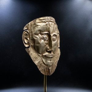 Large Ancient Greek Mycenean Mask of Agamemnon, Copper 24K Gold Plated Relief, Trojan War Mycenaean Legendary King Mask, Museum Quality Art image 7