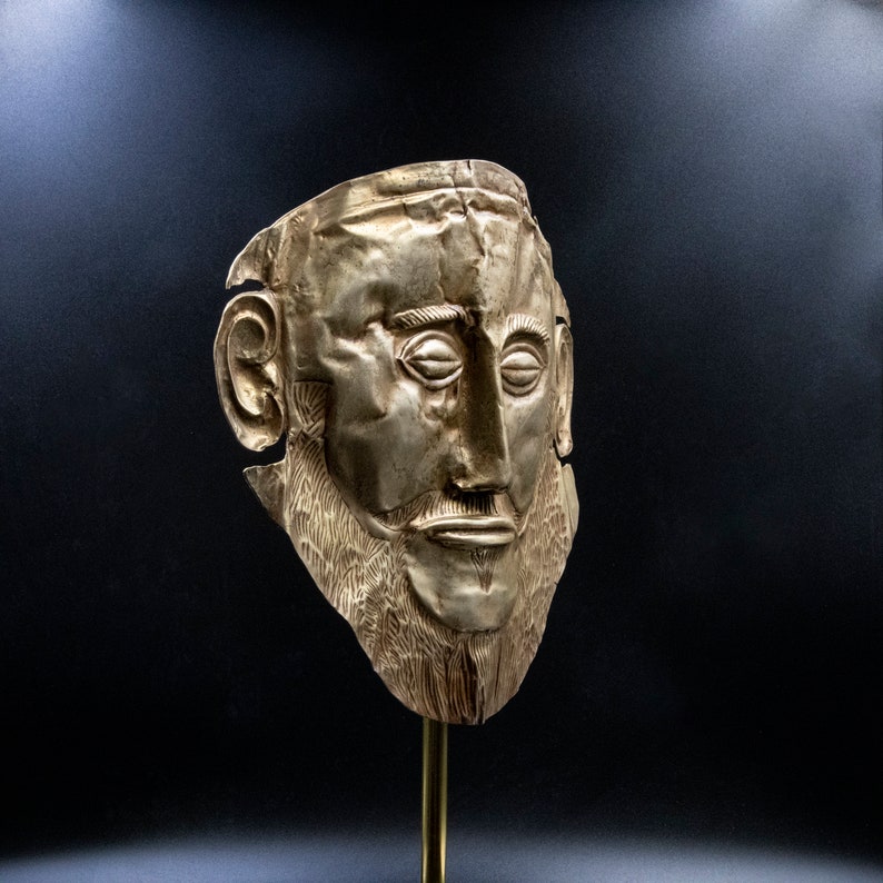 Large Ancient Greek Mycenean Mask of Agamemnon, Copper 24K Gold Plated Relief, Trojan War Mycenaean Legendary King Mask, Museum Quality Art image 7