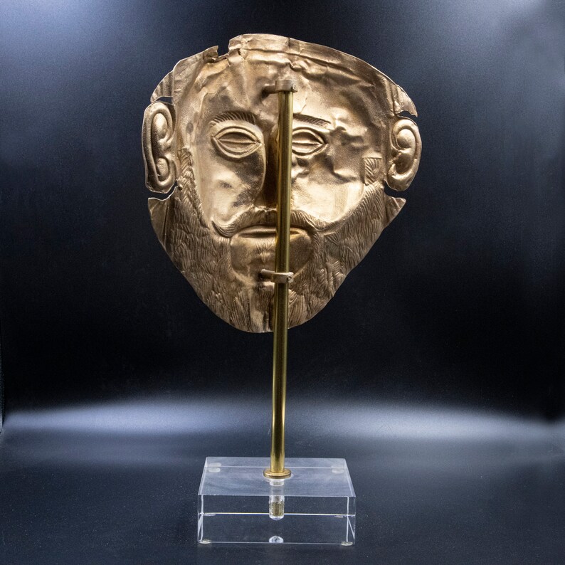 Large Ancient Greek Mycenean Mask of Agamemnon, Copper 24K Gold Plated Relief, Trojan War Mycenaean Legendary King Mask, Museum Quality Art image 6