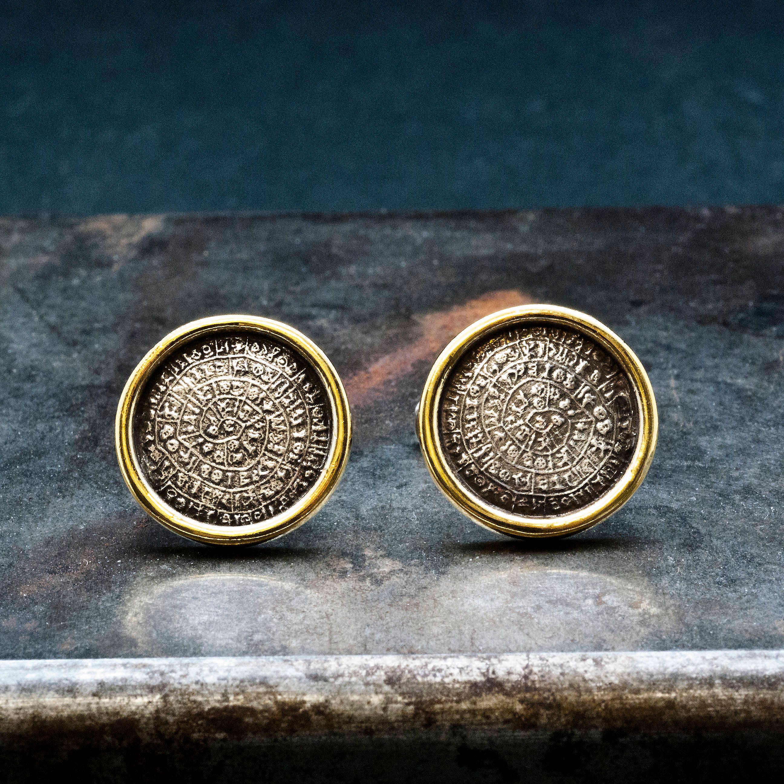 Minoan Phaistos Disc Sterling Silver and Gold Cuff Links, Greek Men's