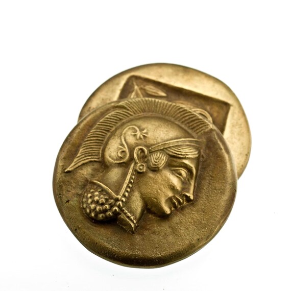Reproduction d'un pendentif pièce de monnaie grecque antique de la déesse Athéna en or jaune 14
