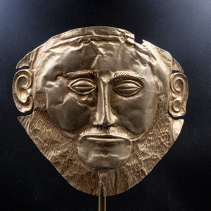 Large Ancient Greek Mycenean Mask of Agamemnon, Copper 24K Gold Plated Relief, Trojan War Mycenaean Legendary King Mask, Museum Quality Art image 4