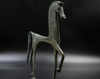 ギリシャブロンズ製大型馬、幾何学模様の金属アート像、ブロンズ彫刻